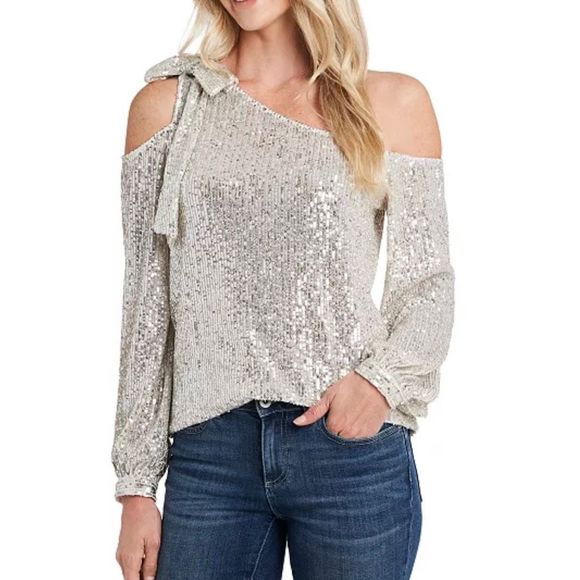 CeCe Silver Sequin Cold Shoulder Blouse - Picture 1 of 11